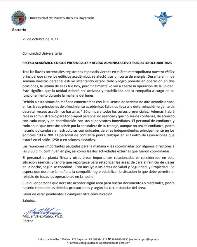 CARTA ENVIADA POR RECTOR UPRB EMERGENCIA 29 DE OCTUBRE